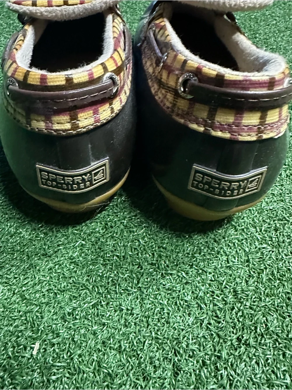 Sperrys Brown Duck-Style Loafers with Yellow Plaid Trim